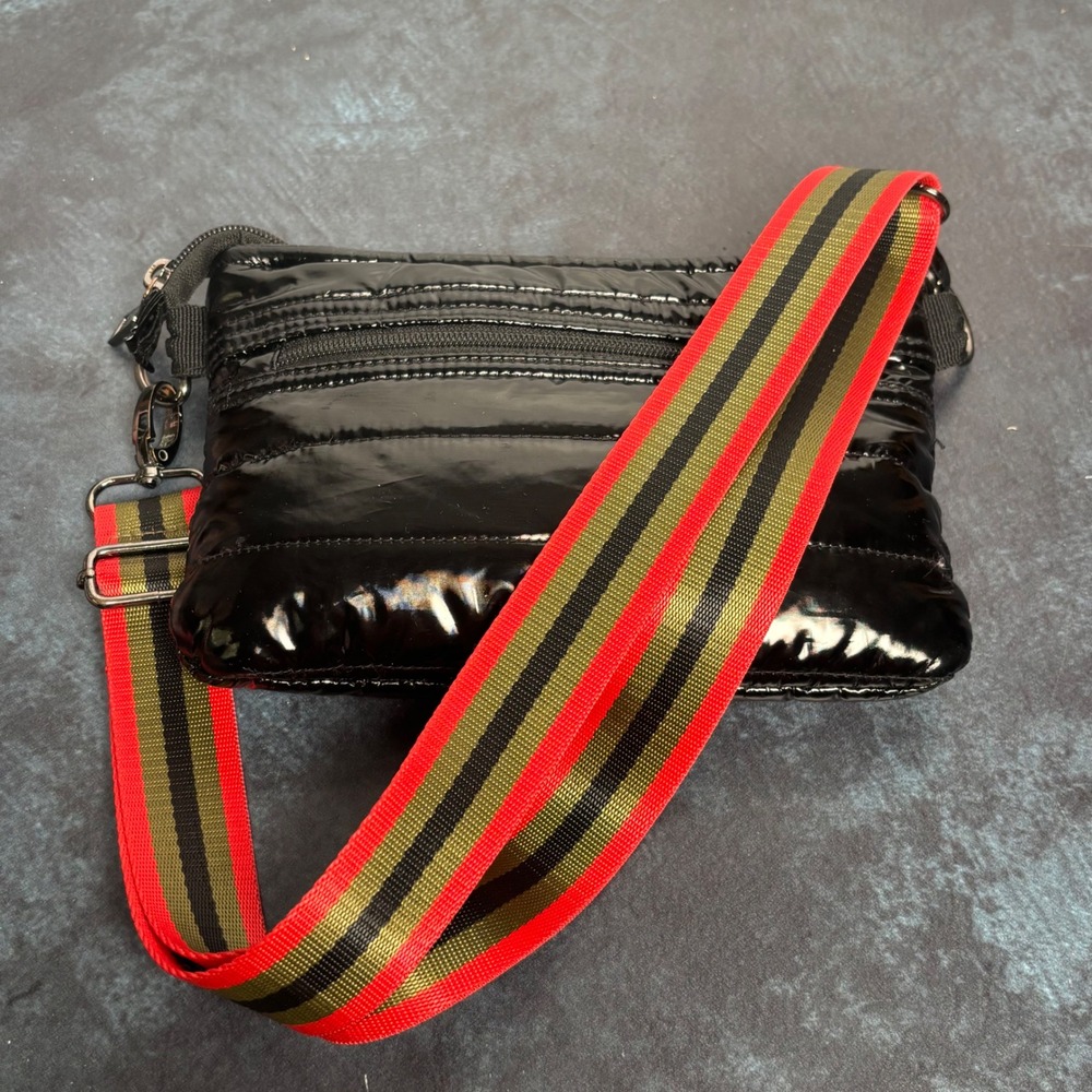 Think Royln Black Shiny Puffer Crossbody Bag Striped Webbing Strap Bum Bag
